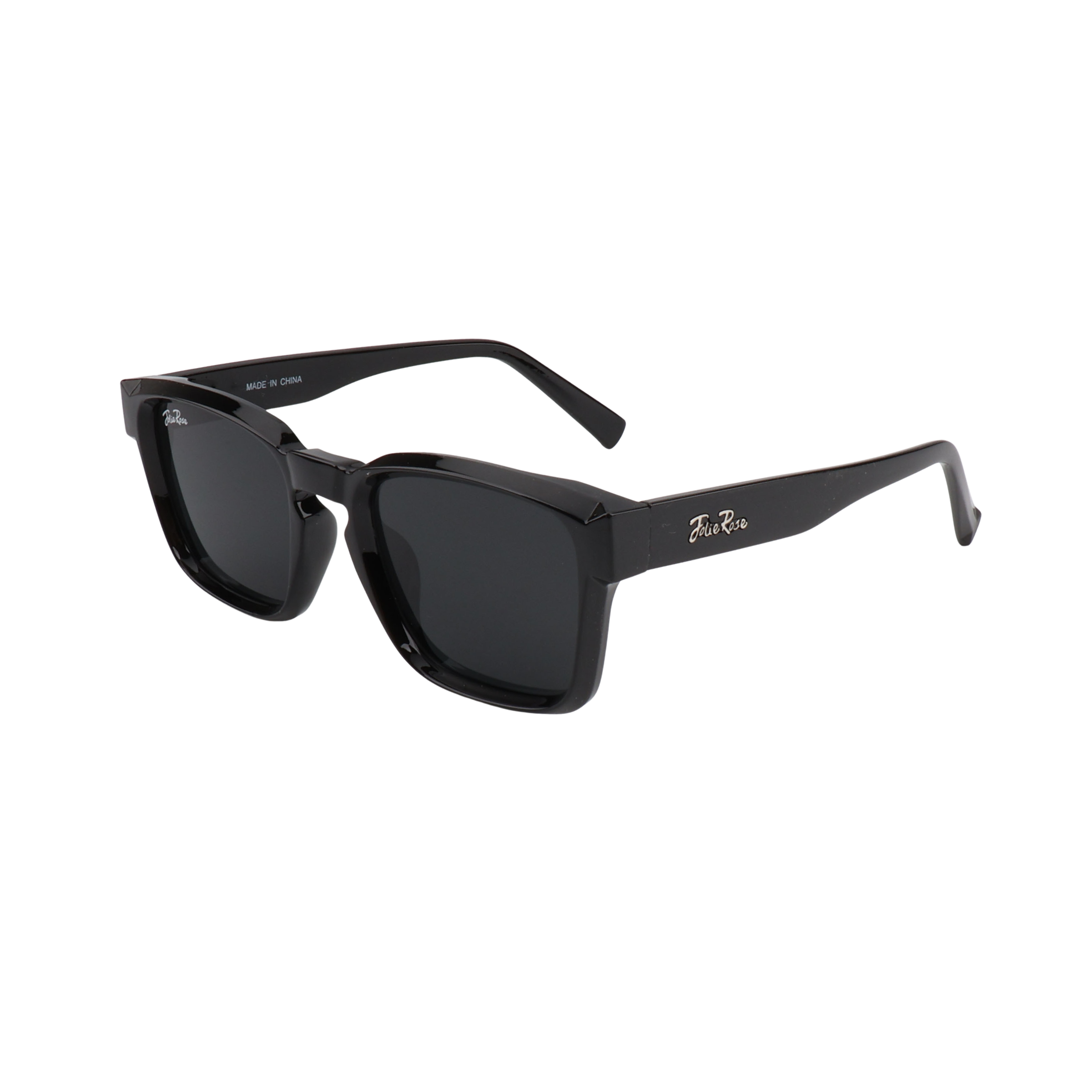 Black sunglasses with a brand logo on a white background